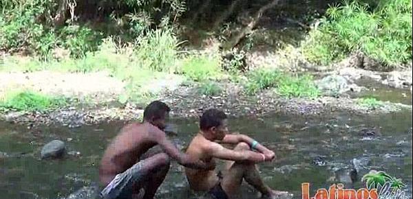  Brown-skinned Latin twinks pop a boner outdoors